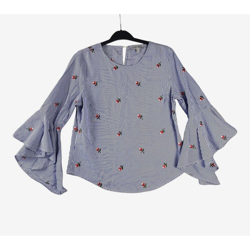 Bell Sleeve Top Womens Large Embroidered Striped Crewneck